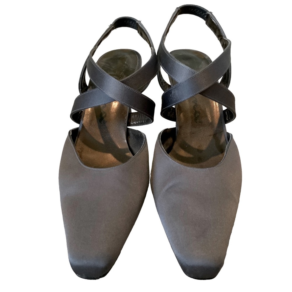 Nina Heels Grey Vintage Pointed Toe Slingbacks Strappy Satin Dressy Sandals 7.5